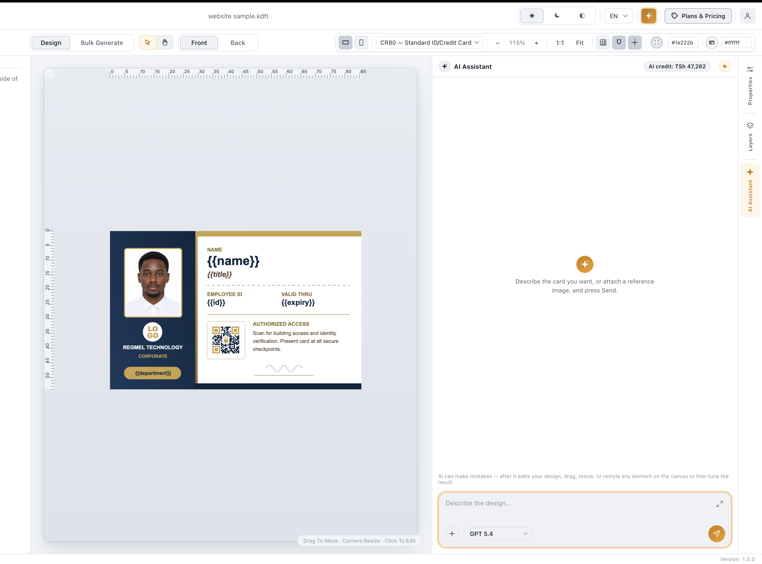 AI assistant chat panel docked at the bottom of the canvas