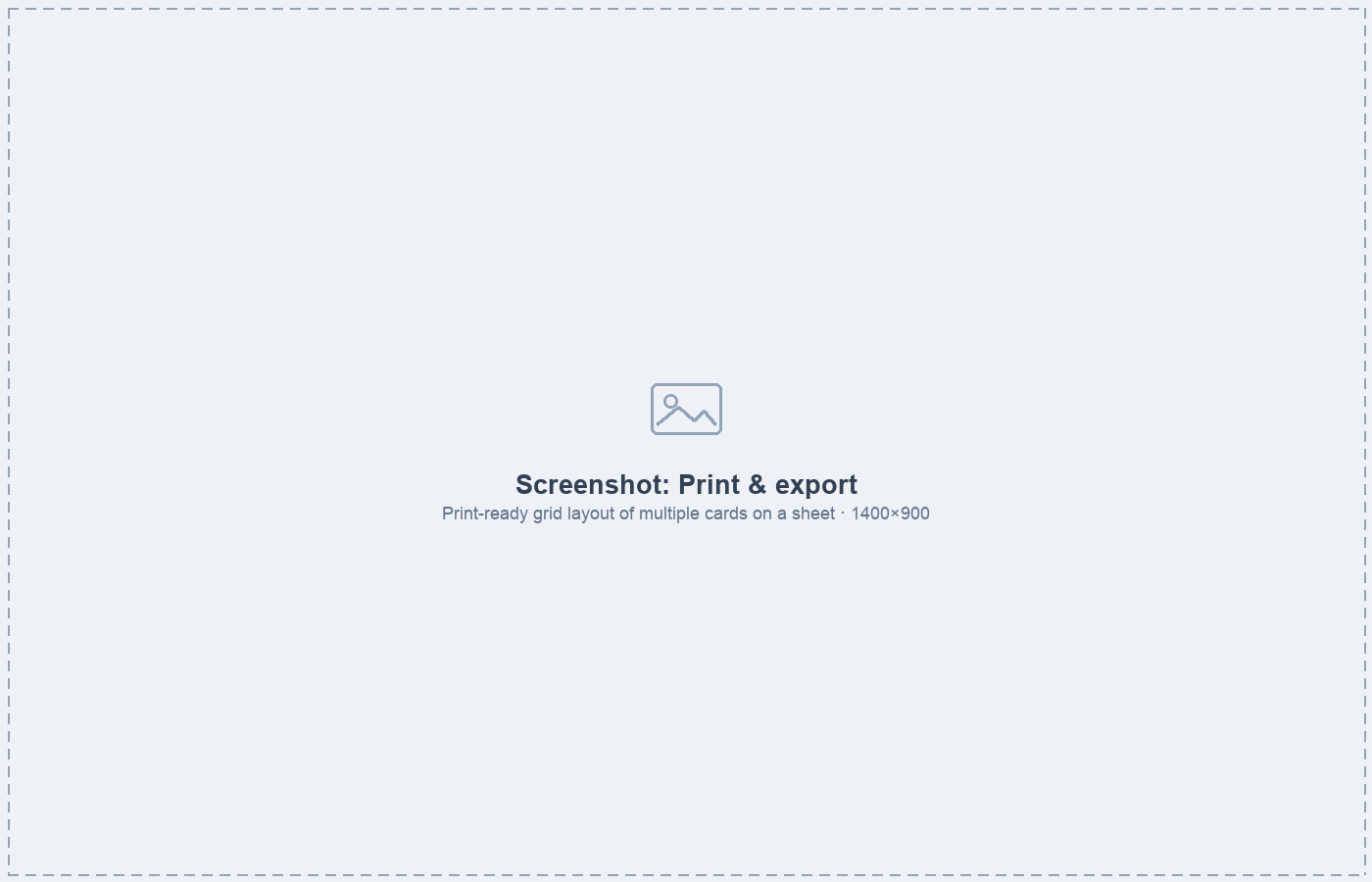 Print export dialog with a grid layout of multiple cards on a sheet